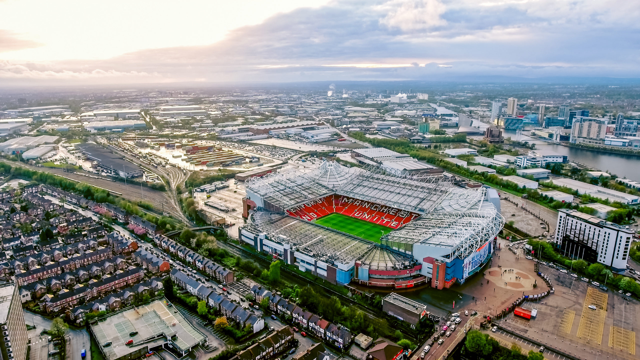 UK, Manchester - August 07, 2017: Old Trafford is a football stadium Greater Manchester England and the home of Manchester United. Aerial View of Iconic Football Ground